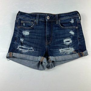 American Eagle Short Womens 4 Hi Rise Shortie Blue Cuffed Distressed Denim Jorts